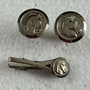 VTG 60s Horse Head Cufflinks & Tie Bar Set Silver Tone Men Western Retro Mod